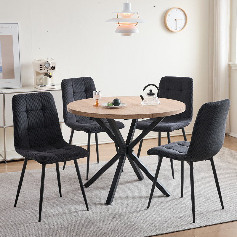 4 - Person Dining Set - Nordic Round Dining Table Set With 4 Upholstered Chairs - Metal Legs, Black Corduroy