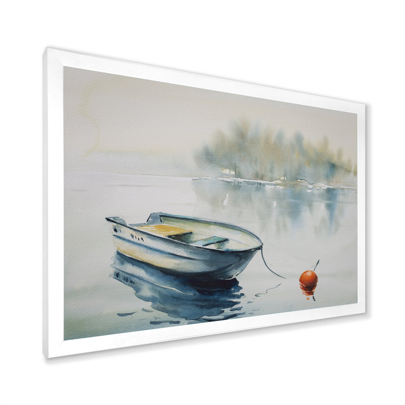 Bateau abstrait en bois dans un lac - reproduction d'art sur toile, H 16 po x l 32 po x P 1 po, Cadre blanc