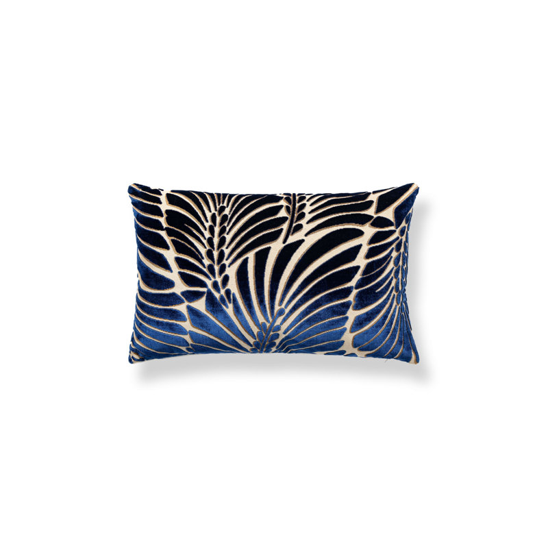 PLUMES / VELVET PILLOW, Sapphire/Beige, 14" H x 22" W, Rectangular