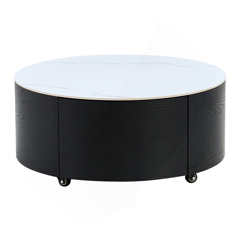 Table basse ronde moderne mobile avec roulettes, 2 tiroirs, plateau en pierre frittée à motif marbré, 29,5 po, Noir