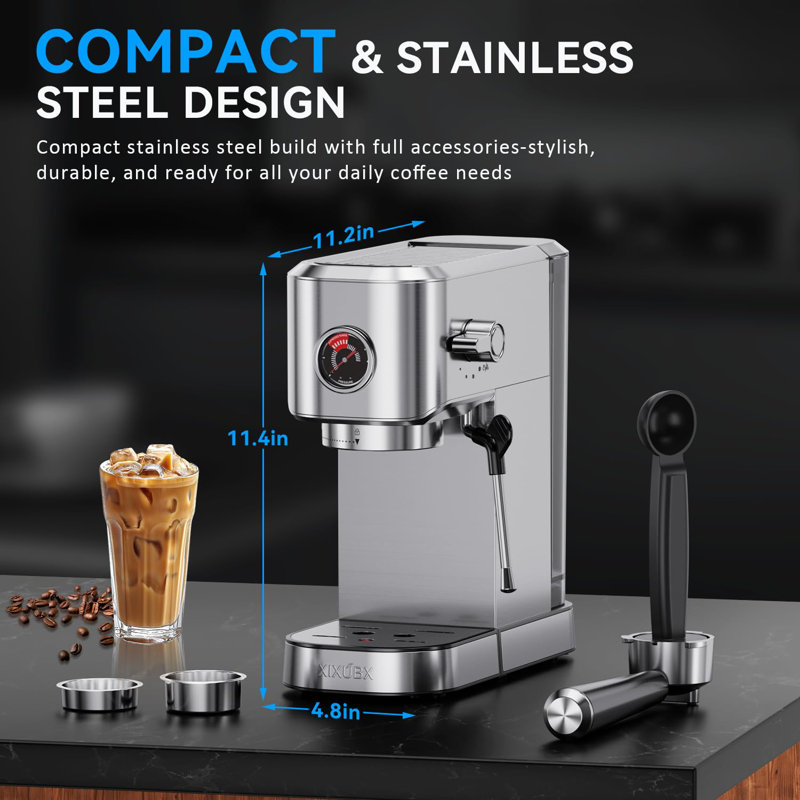 20Bar Espresso Machine, Compact Espresso Maker With Milk Frother, Stainless Steel Coffee Machine For Cappuccino&Latte, 42Oz Water Tank