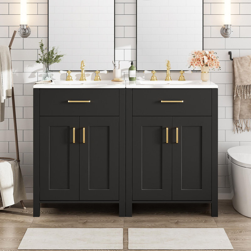 Meuble-lavabo moderne de 48 pouces avec lavabo en céramique, portes à fermeture en douceur, tiroir rabattable, tablettes de porte à double couche, solution de rangement élégante