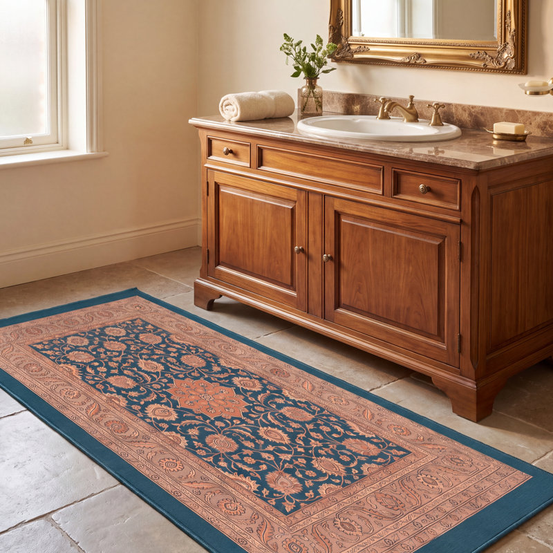 Tapis Rosalind traditionnel à motif floral intégral, bleu sarcelle, or et crème, lavable en machine, antidérapant, à poils courts, pour l'intérieur et l'extérieur, adapté aux animaux domestiques, idéal pour le salon, la chambre, la salle à manger, l'entrée, le couloir ou le bureau.