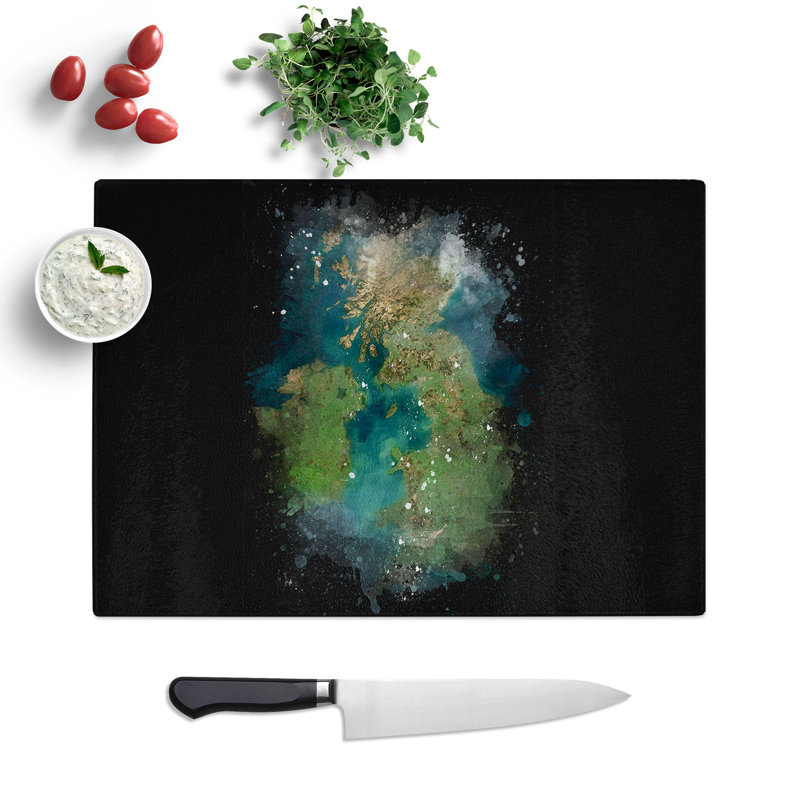 Tempered Glass View of Ireland and Great Britain Paint Splash Chopping Board, 28.5 cm x 39 cm