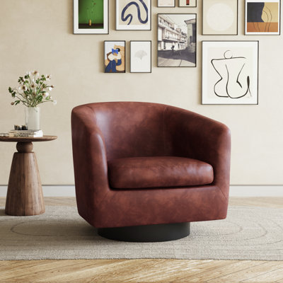 Fauteuil demi-tonneau pivotant en similicuir rouge brun avec base en bois massif Applewold