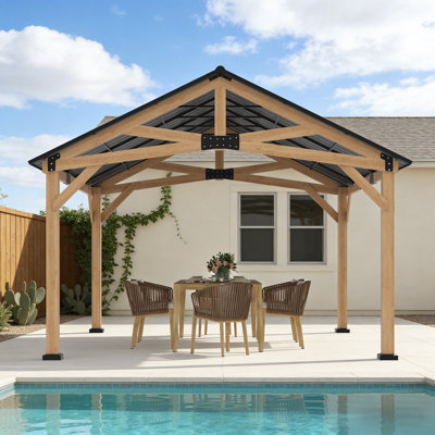 Pavillon de jardin en bois 11 pi x 13 pi avec toit rigide en bois de cèdre naturel, structure d'ombrage résistante aux intempéries et à la rouille pour la cour et le jardin