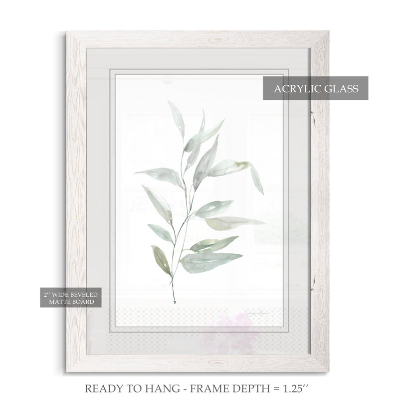 « ethereal eucalyptus ii »-impression du cadre sur verre, H 32 po x l 44 po x 1,25 po, Encadré imprimé blanc