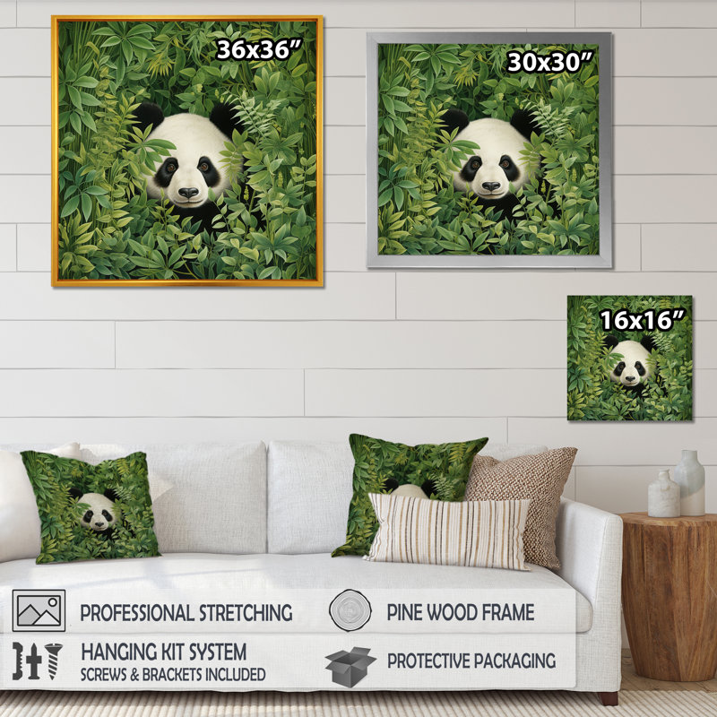 «Foliage Peekaboo Panda I», art mural animal panda, Cadre flottant noir, H 30 po x l 30 po x P 1,5 po