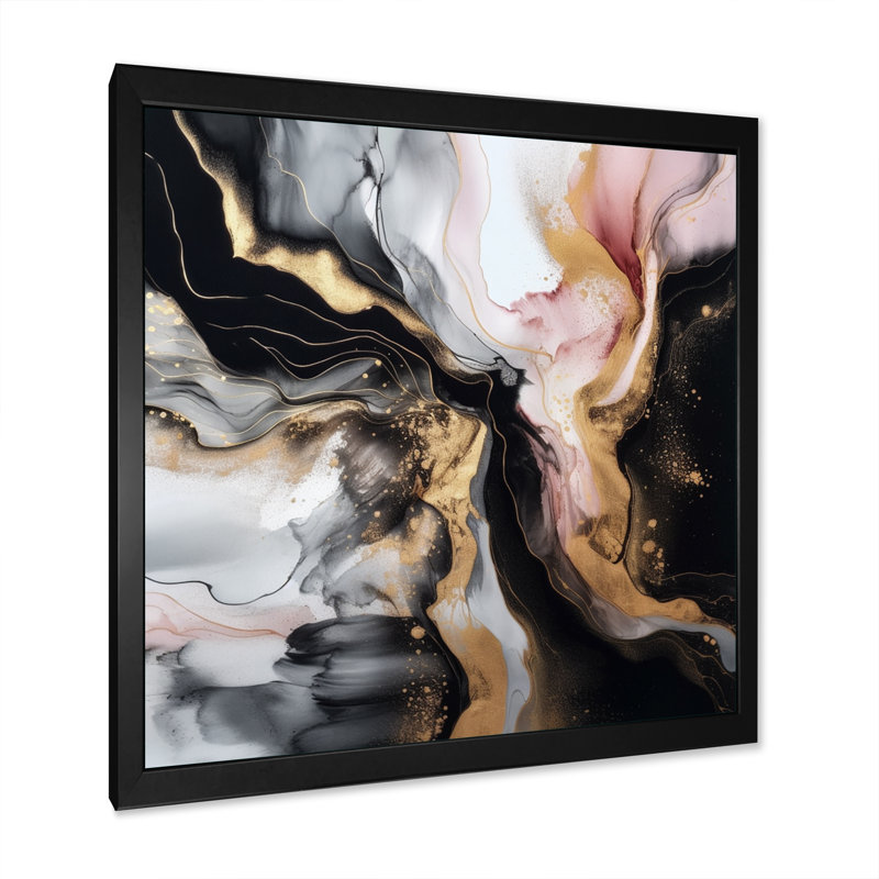 «Black Gold Marble Splash I», art mural abstrait en marbre, Impression noire sur toile encadrée, H 36 po x l 36 po x P 1,5 po