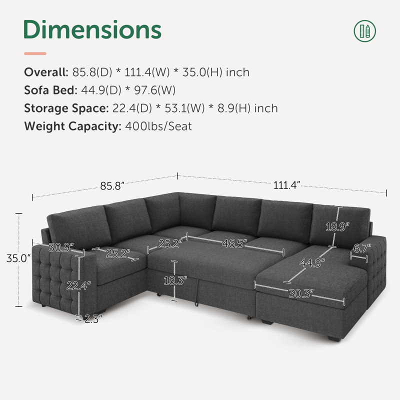 Hildur U-Shaped Sectional Sofa Bed Pull Out Sleeper Couch With Storage Chaise, Gray Polyester Blend