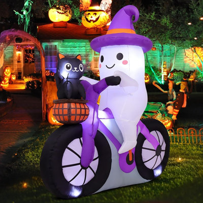 Vélo fantôme d'Halloween avec chat noir gonflable, lumières DEL intégrées, décor de jardin effrayant pour pelouse, jardin, porche et fêtes d'Halloween