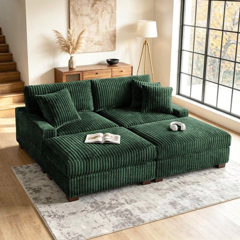 4 - Piece Upholstered Green Faux Rabbit Fur Flannel Modular Sectional Sofa with Throw Pillows & Removable Ottomans