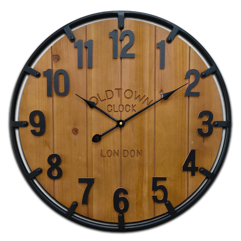 Rustic Wooden Wall Clock With Iron Frame (Black, 30 Inch), Large