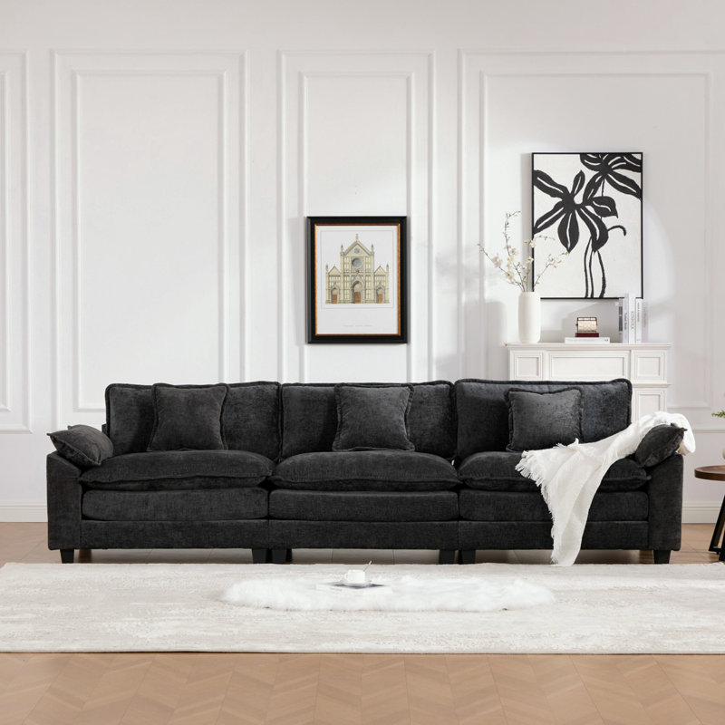 Canapé modulaire 3 places en chenille avec coussin moelleux, Chenille noir