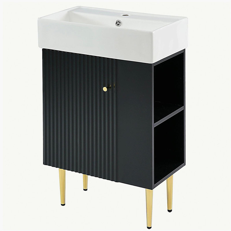 Meuble-lavabo de 21,6 po, armoire combinée, armoire de rangement pour salle de bain, lavabo simple en céramique, rangement pour droitier