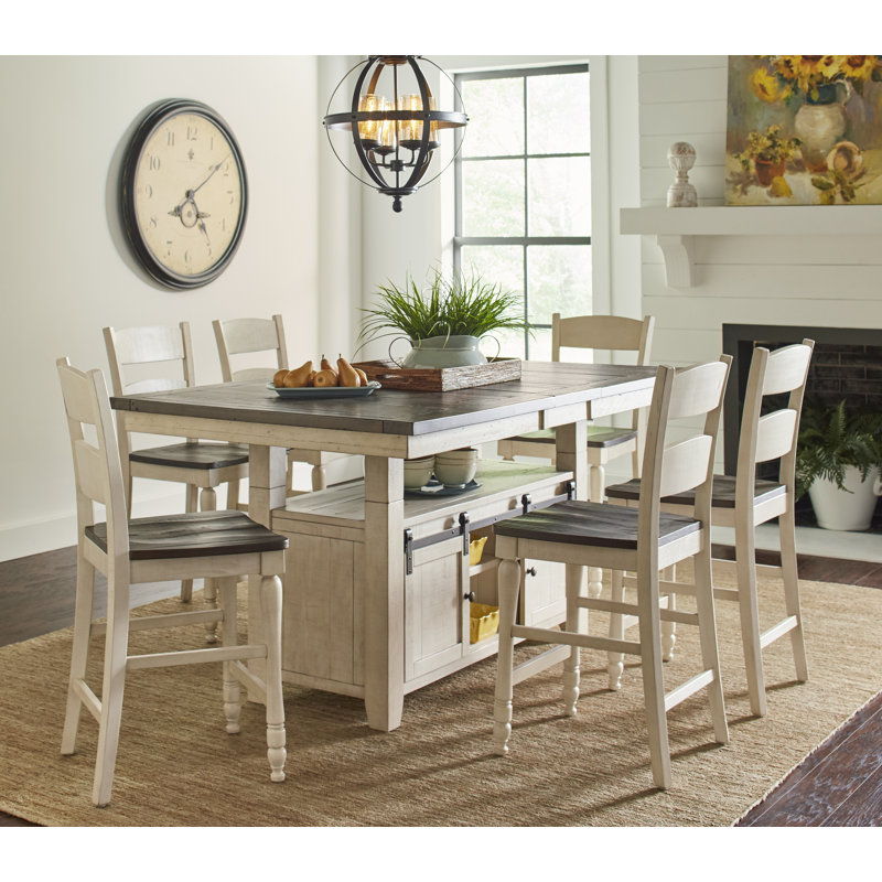 Ensemble de salle à manger en bois massif de pin 7 pièces Hebden, Blanc vintage, 7 pièces : table, 6 chaises