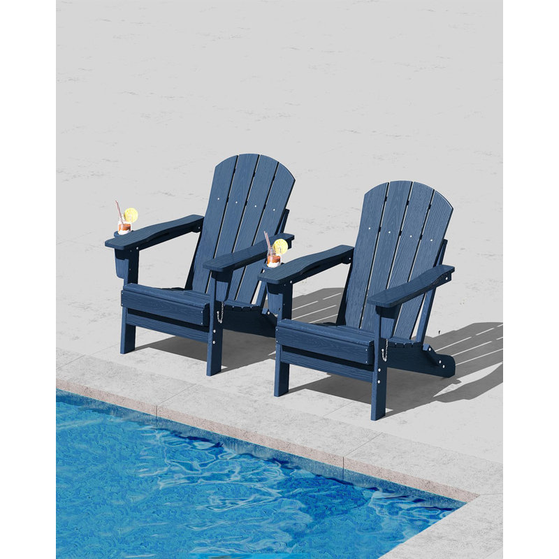 Set of 2 All-Weather HDPE Folding Adirondack Chairs - Cup Holders, Wood Grain Texture, Collapsible, Weather Resistant, Outdoor Patio Seating for Garden, Deck, Fire Pit (Navy Blue)