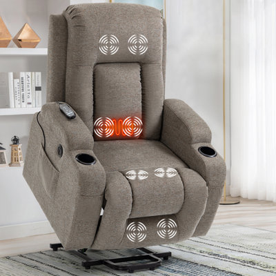 Canora Grey 34.25" Wide Single Motor Fabric Power Lift Recliner, Heat and Massage, USB Charging Port and Cup Holders - Brown