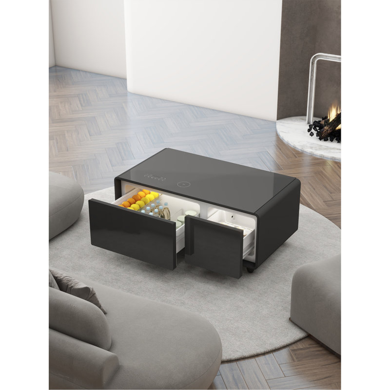Cherubino Coffee Table with Fridge Cabinet and Bluetooth Stereo with Sockets and Ambient Lighting, Black