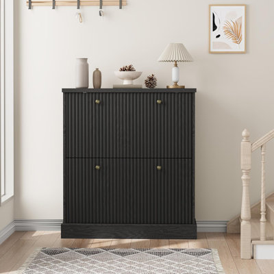 Shoe Cabinet, Black Fluted Wood with 2 Flip Drawers and Adjustable Shelves, Narrow Modern Entryway Organizer