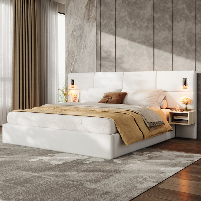 Velaris Modern Contemporary Upholstered Smart Bed with Integrated Reading Light and Storage Shelves, King
