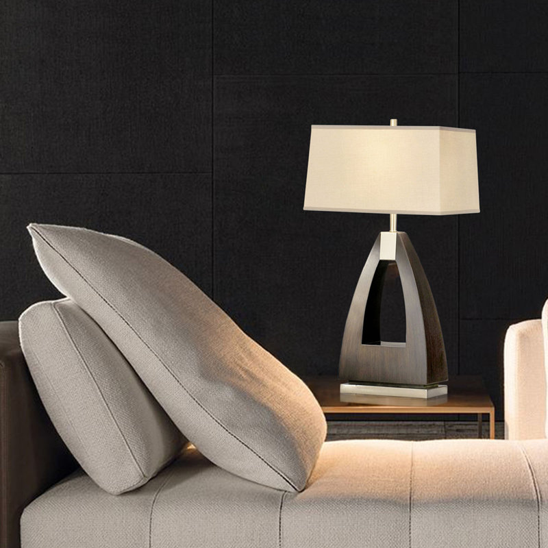 Trina Table Lamp - 30", Pecan Wood, Brushed Nickel, White Linen Shade, 3-way Switch