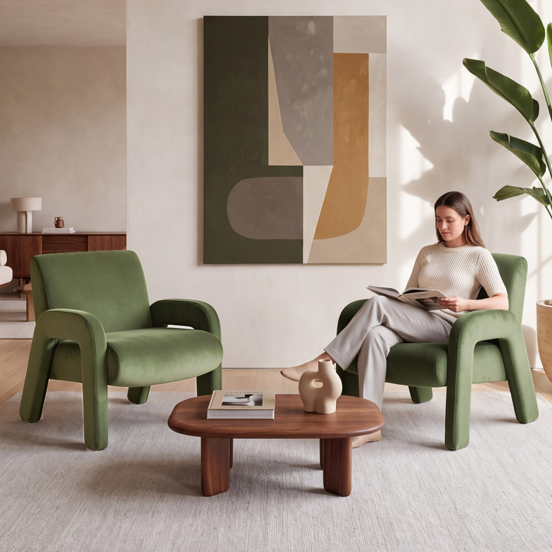 Fauteuil d'appoint moderne en velours COLAMY AURA, fauteuil lounge rembourré, vert, ensemble de 2, Vert