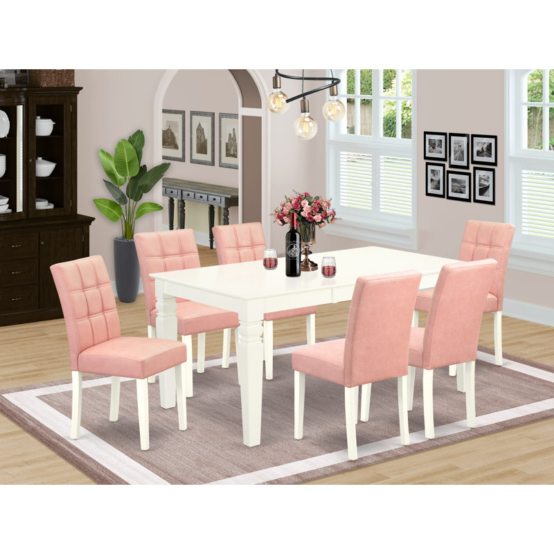 7 Piece Kitchen Table Set Includes A Wood Table and 6 Beige Red Polyester Fabric Mid-Century Dining Chairs with Stylish Back- Linen White Finish