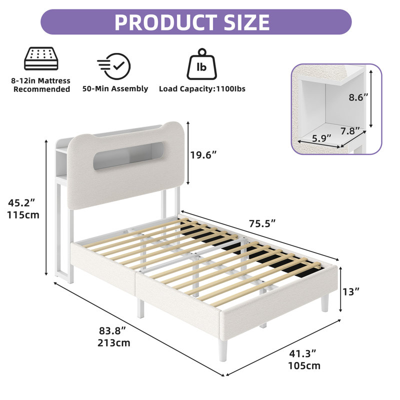 Upholstered Platform Bed with LED Lighting Included, Beige, Twin