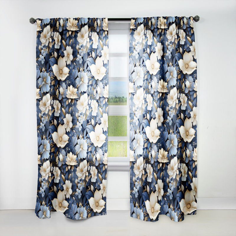 Rideau floral - obscurcissement de la pièce - 1 panneau blanc blanc bleu nuit Floral Elegance I, L 52 po x L 108 po