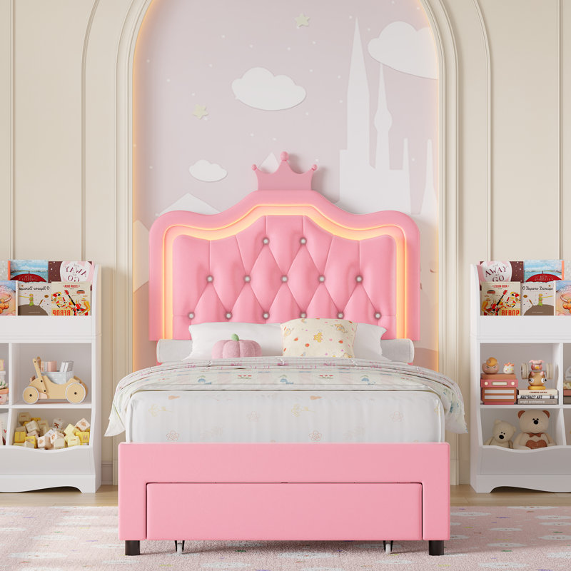 Ensemble de chambre d'enfant 2 pièces, lit rembourré en cuir avec tête de lit à DEL, lit avec bibliothèque, Lit simple