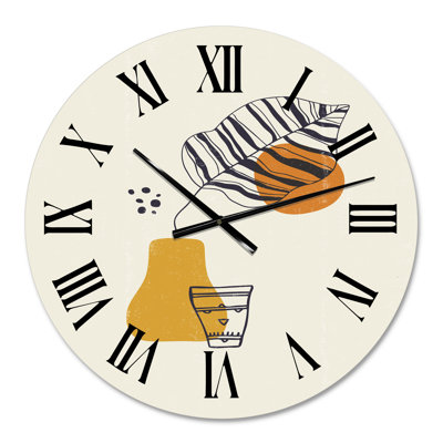 Botanical Minimalist Leaf With Abstract Shapes III - Horloge murale moderne