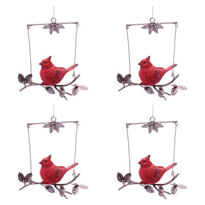 Cardinal on Branch Ornament Set of 4 – 7"H Resin & Metal