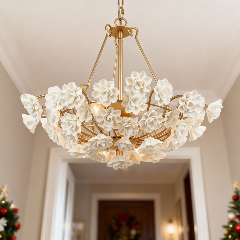 Modern Glam 3-Light Bowl Chandelier With Ceramic Flowers
