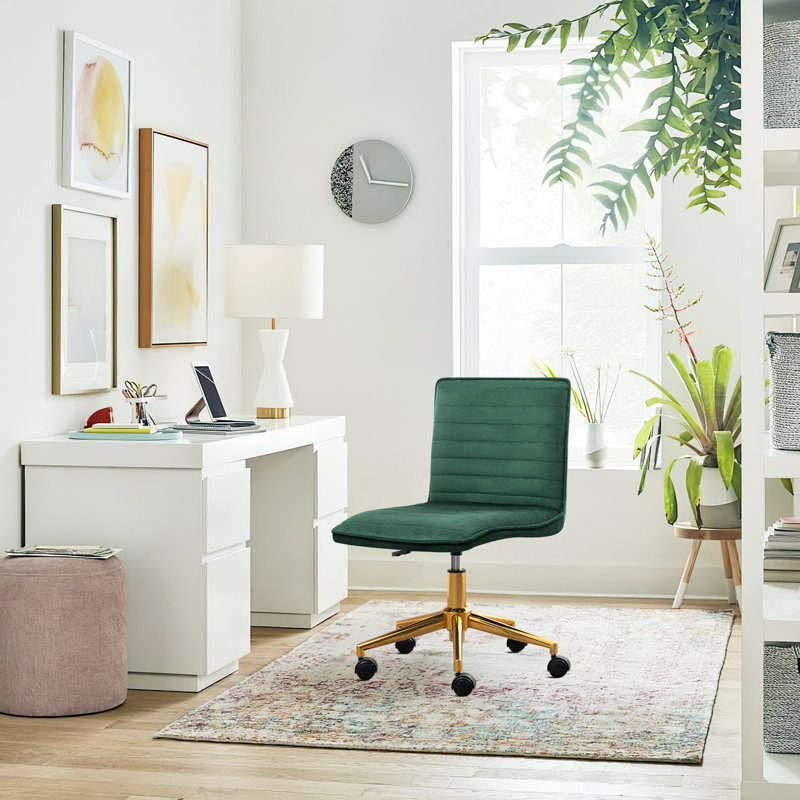 Modern Velvet Office Task Chair, Armless Swivel Computer Desk Chair for Home Office, Dark Green