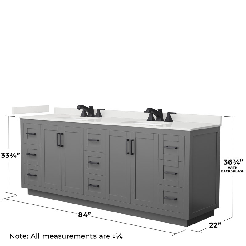 Miranda 84" Freestanding Double Bathroom Vanity with Quartz Top, White Quartz, Dark Gray, Matte Black