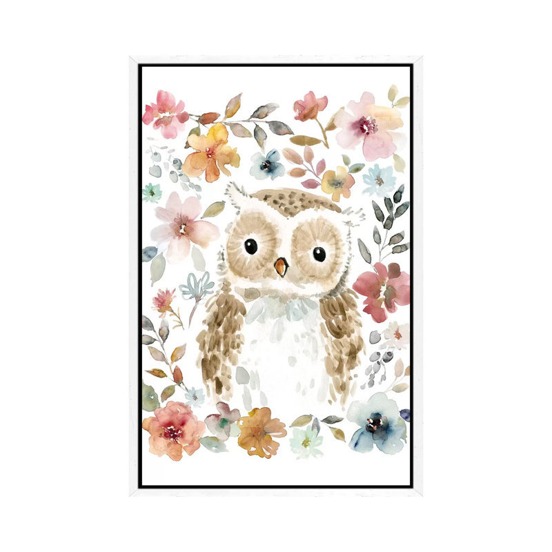 Flowers & Friends Owl by Carol Robinson - Painting on Canvas, 66.04 cm H x 45.72 cm W, White Framed Canvas