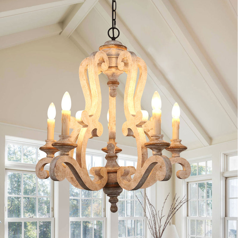 Farmhouse 25 in. 5-Light Adjustable Chain Solid Wood Chandelier with Light Kit, Distressed White
