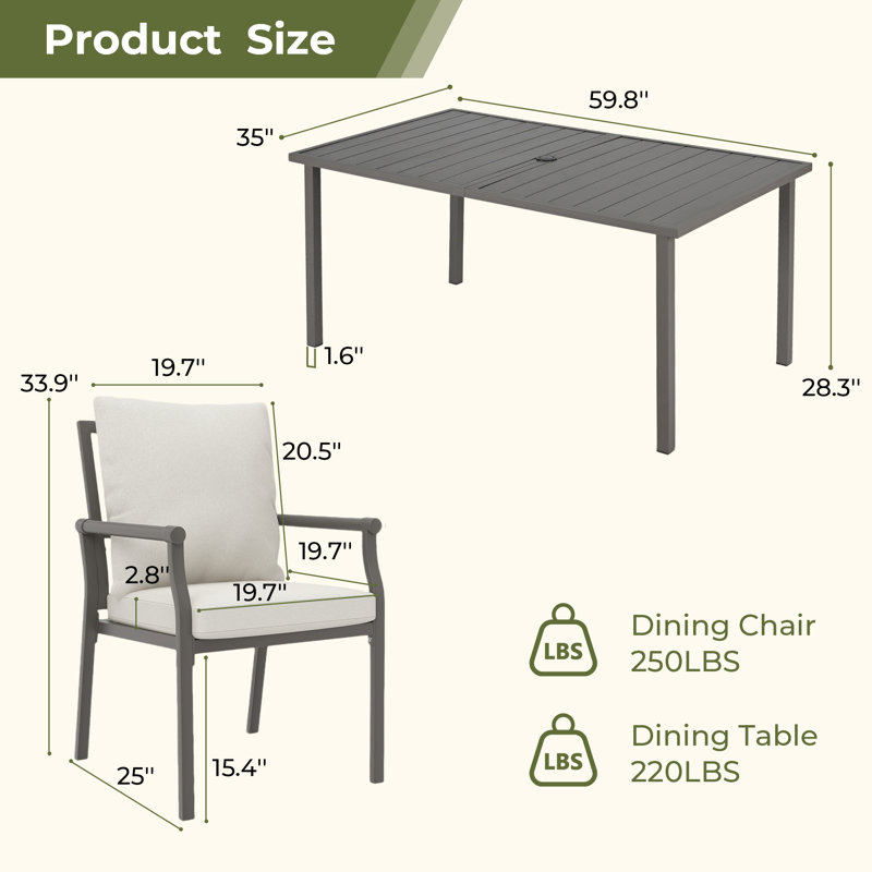 Mcallister 7-Piece Metal Patio Dining Set With Beige Cushions And Umbrella Hole