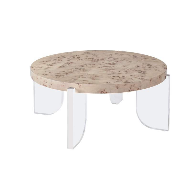 Beige Burl Wood and Acrylic Round Cocktail Table