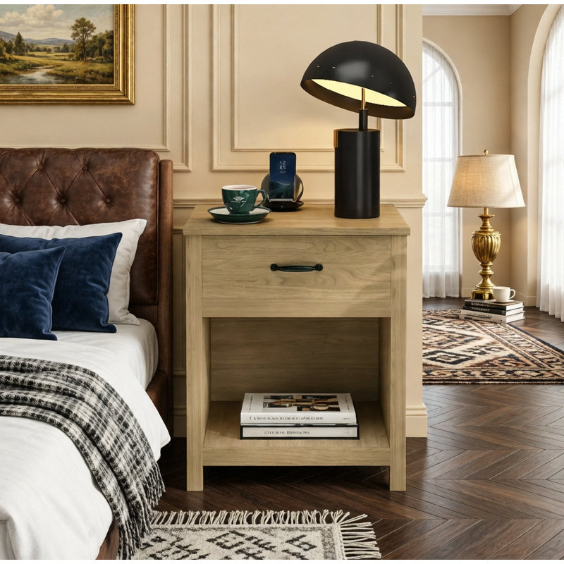 Table de chevet en bois avec tiroir et tablette ouverte pour petits espaces
