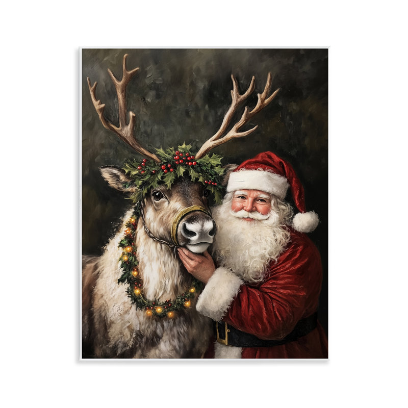 Père Noël et renne, plaque murale, design par Arlington Prints