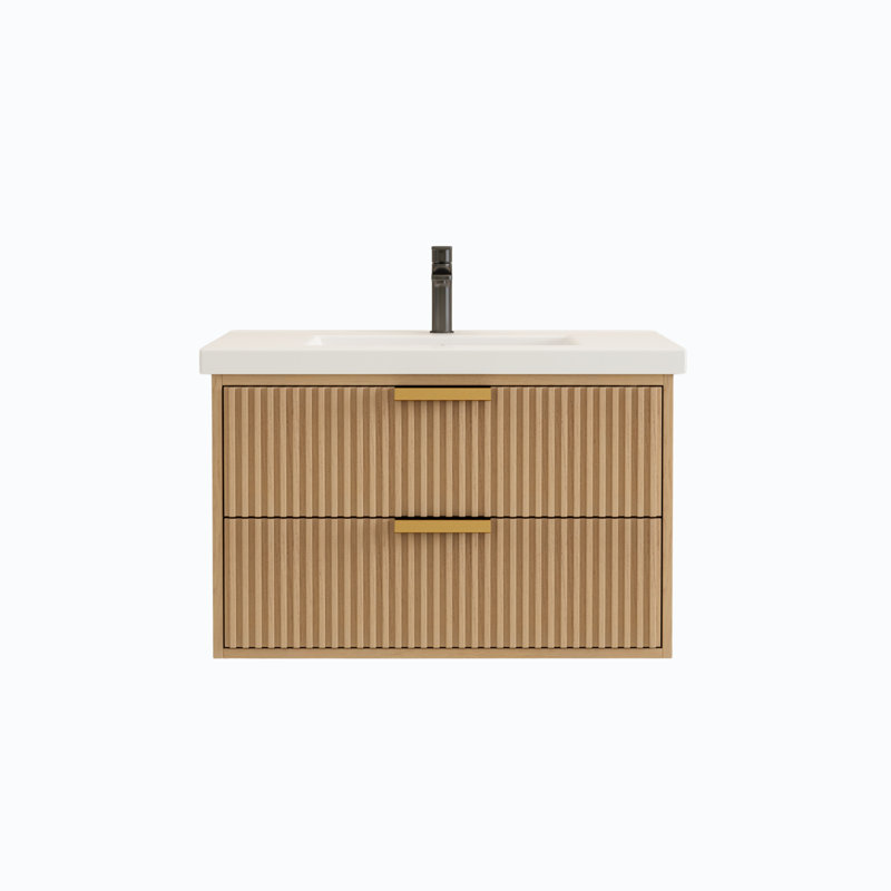 Meuble-lavabo flottant avec lavabo simple blanc Maxbano, Chêne, Doré
