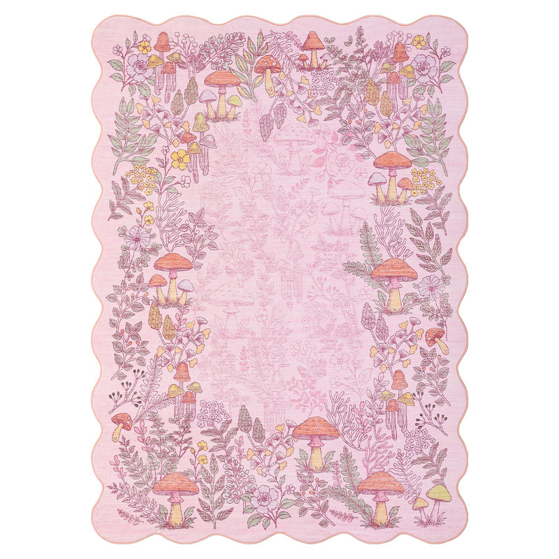Mushroom Scalloped Floral Washable Non-Slip Area Rug Low Pile Soft Thin Botanical Carpet for Living Room Bedroom Dining Room Playroom