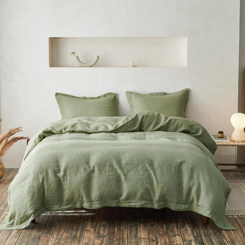 Ensemble de housse de couette 100% lin, 3 pièces lin naturel français, Queen Duvet Cover + 2 Shams, Vert croisé