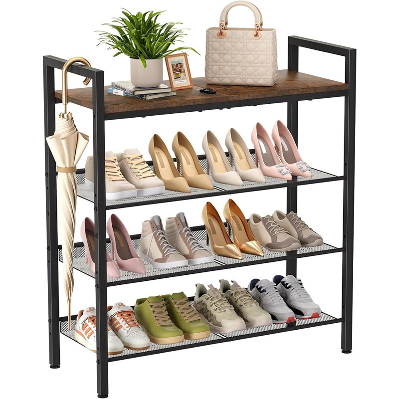 Étagère à houe pour porte d'entrée, étagère à chaussures à 4 niveaux pour l'entrée, 12 à 16 paires de chaussures, étagère à chaussures en métal