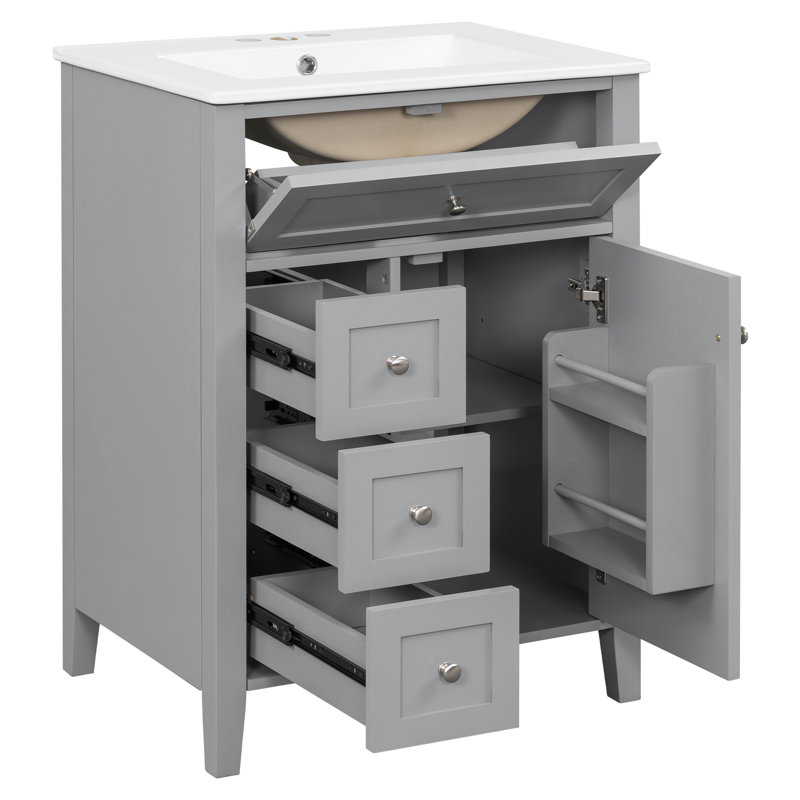 Meuble-lavabo moderne de 24 po avec lavabo, panneau de fibres à densité moyenne, bois d'hévéa, armoire à 3 tiroirs, format pour les petites et moyennes salles de bain