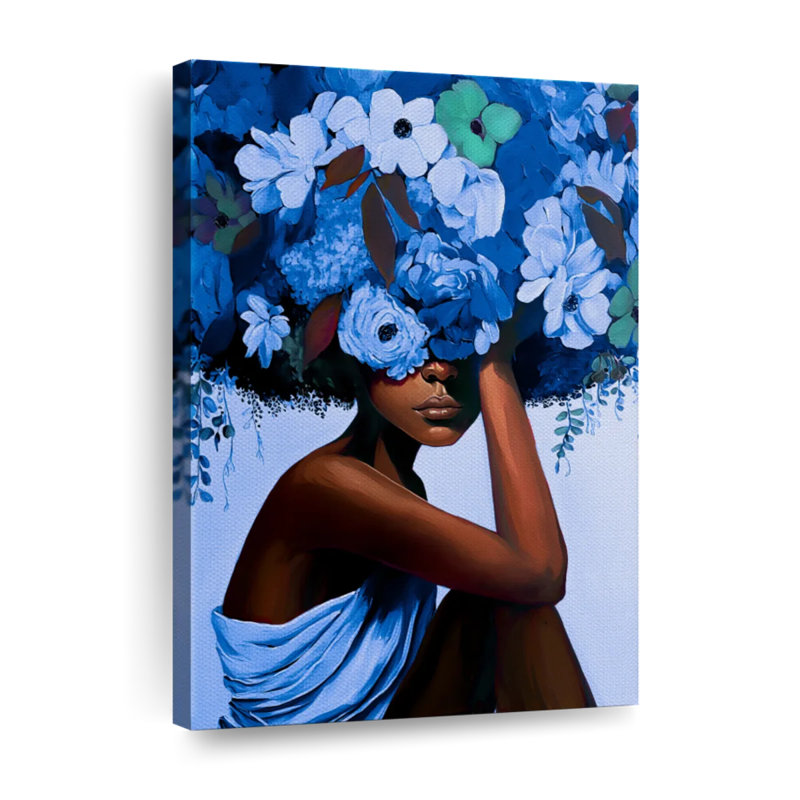 Fille aux cheveux bleus sur toile, H 48 po x l 32 po x P 1,25 po