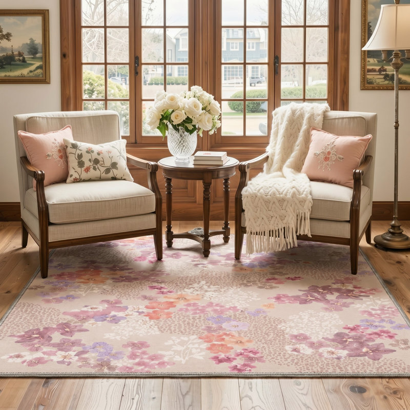 Tapis rose / ivoire lavable à la machine avec envers antidérapant, Rectangle 144 po x 108 po