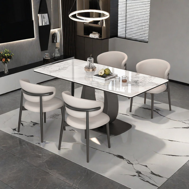 Rectangular light rock slab dining table set, 29.52"H x 70.86"L x 35.43"W